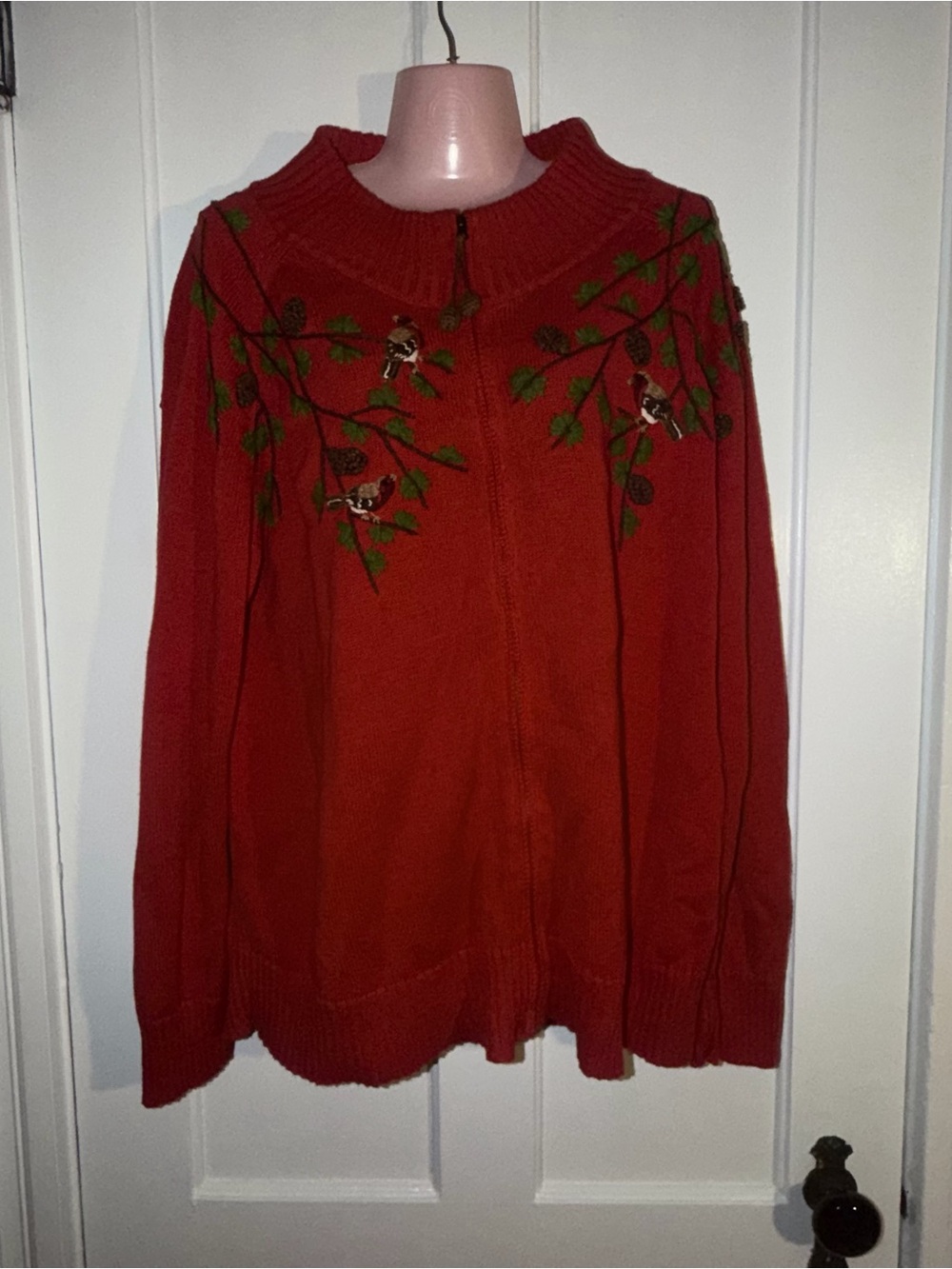 Coldwater Creek Red Zip Cardigan with Embroidered Birds and Branches